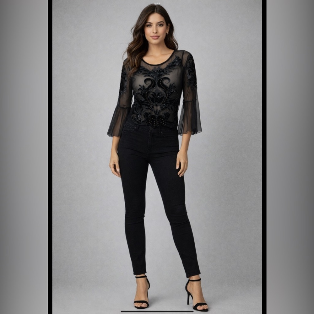 INC Black Mesh Velvet Appliqué See Through Top Blouse. Petite,Vintage,Y2K, Goth - Picture 2 of 15